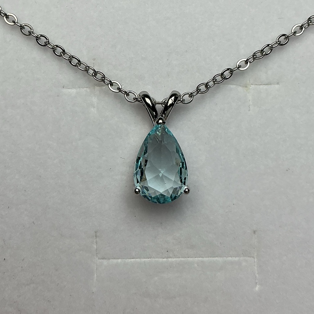 Pear Cut Blue Topaz Necklace Teardrop Pendant Silver Tone Dainty Minimalist 💧